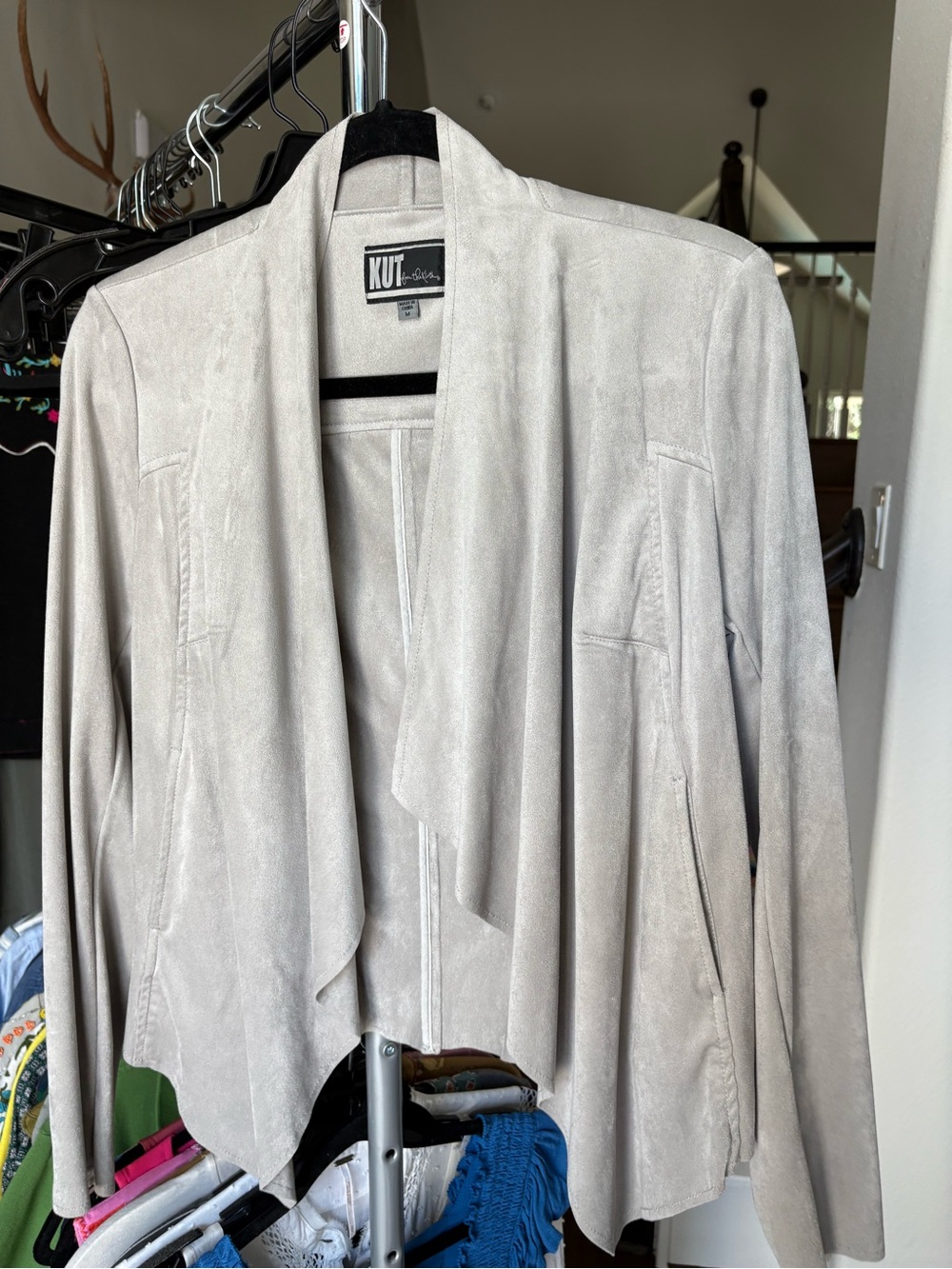 Kut from the Kloth Light Gray Suede-Look Open Front Drape Blazer